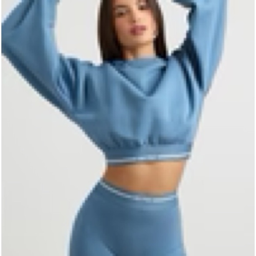 BOO TEE Stretch Cotton Fleece Cropped Hoodie in Steel Blue - Picture 7 of 11